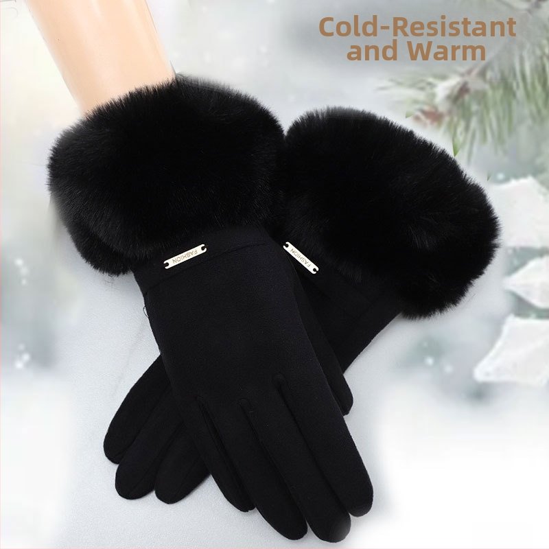 Sieviešu cimdi DERONG no mākslīgā trušu kažokādas, siltināti ziemai, neslīdoši, pretvēja, piemēroti velobraukšanai