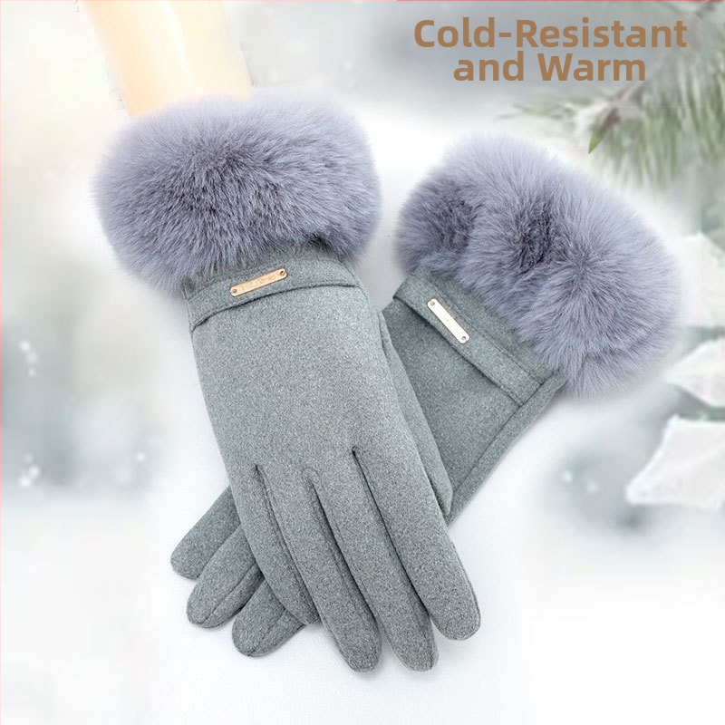 Sieviešu cimdi DERONG no mākslīgā trušu kažokādas, siltināti ziemai, neslīdoši, pretvēja, piemēroti velobraukšanai