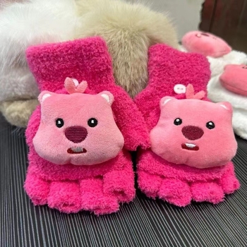 Bērnu pūkainas puspirkstaina cimdi ar bebra animācijas motīvu, džakarda adījums, saglabā siltumu ziemā un rudenē