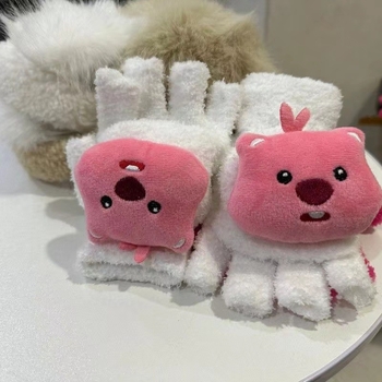 Bērnu pūkainas puspirkstaina cimdi ar bebra animācijas motīvu, džakarda adījums, saglabā siltumu ziemā un rudenē