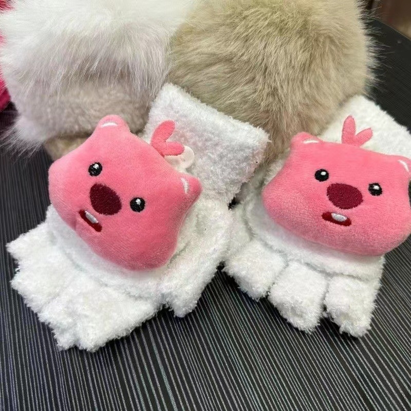 Bērnu pūkainas puspirkstaina cimdi ar bebra animācijas motīvu, džakarda adījums, saglabā siltumu ziemā un rudenē