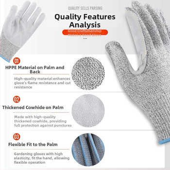 HPPE pirštinės su įpjovimų atsparumu – Lygis 5, Įpjovimų atsparumas, Neslysta, Skirta virtuvei ir sodininkystei, Svoris 75