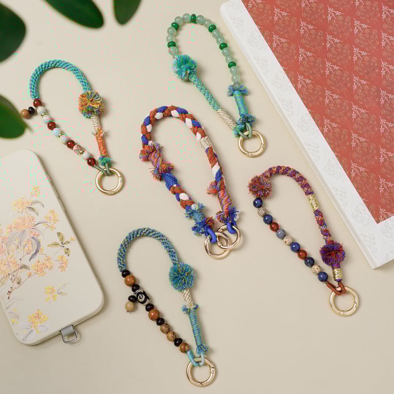 Unisex rankų darbo mobiliojo telefono lynas — poliesteris, pritaikomas, aplinkai draugiška medvilnės virvė, metalinė sagtis, karoliukų grandinė kinų stiliuje