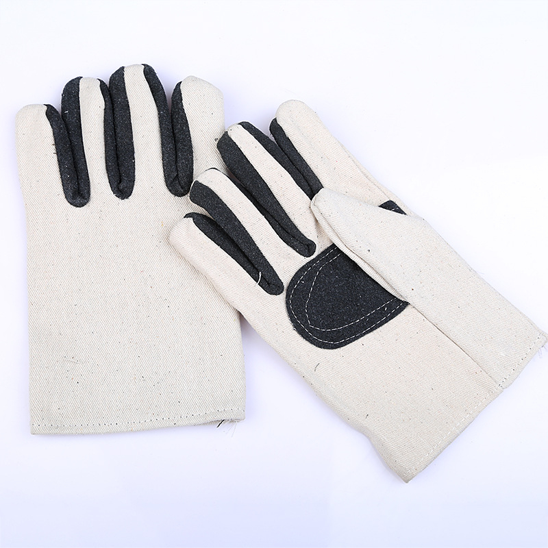 Работни предпазни ръкавици с двойнослойна кожа върху платно, антихлъзгаща и пробивоустойчива длан, топли, 200 г; подходящи за химическа, нефтена, металургия, въгледобив, фармацевтична и хранително-вкусовата индустрия.