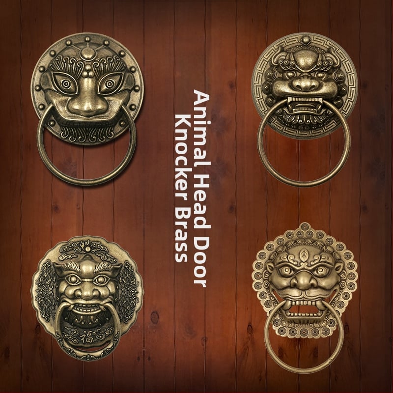 Пръстен за врата с глава на звяр, месинг, полирана повърхност, за масивни дървени врати и вилни дворни порти, модел Beast Head, The Fourth Bronze Hall