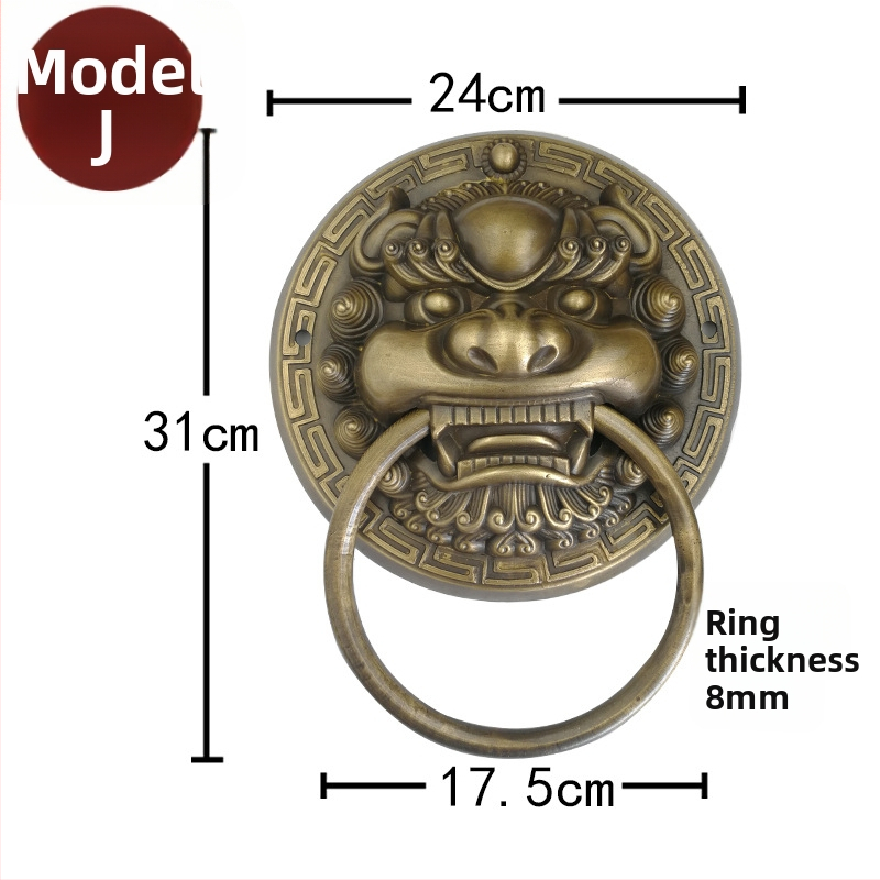 Пръстен за врата с глава на звяр, месинг, полирана повърхност, за масивни дървени врати и вилни дворни порти, модел Beast Head, The Fourth Bronze Hall