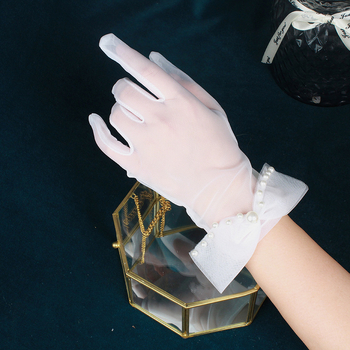 Булчински къси ръкавици с панделка и мънистена мрежа за жени