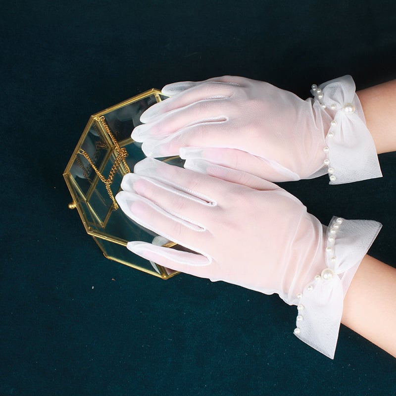 Булчински къси ръкавици с панделка и мънистена мрежа за жени