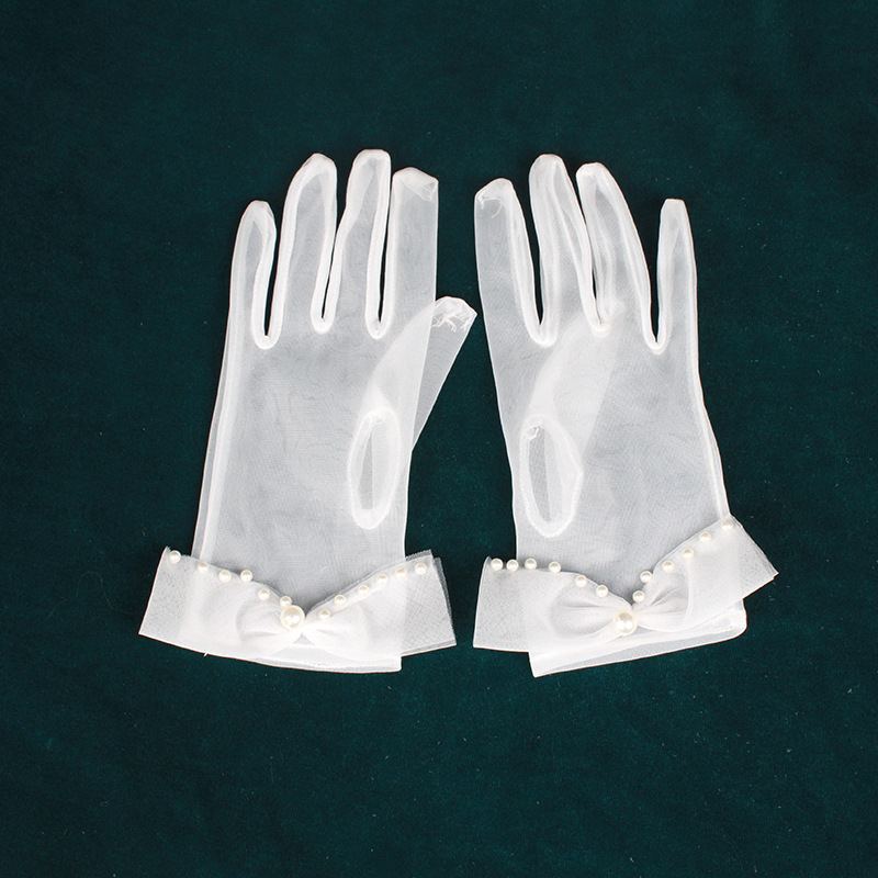 Булчински къси ръкавици с панделка и мънистена мрежа за жени