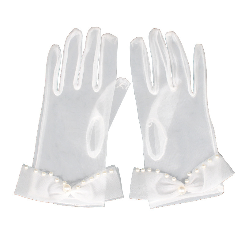 Булчински къси ръкавици с панделка и мънистена мрежа за жени