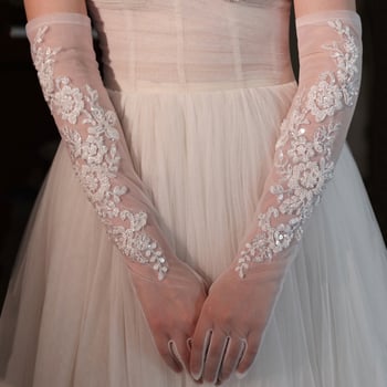 Дълги сватбени ръкавици с дантелена бродерия и мъниста (Полиестер, стил WG215, персонализируеми)