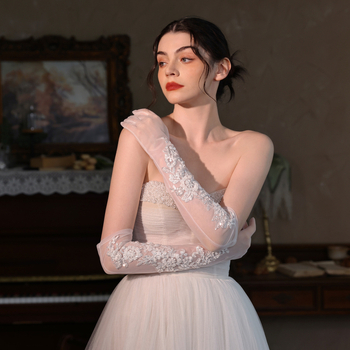 Дълги сватбени ръкавици с дантелена бродерия и мъниста (Полиестер, стил WG215, персонализируеми)