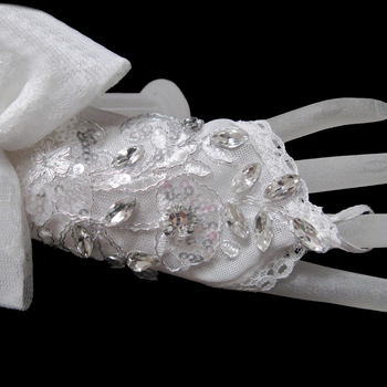 Булчински ръкавици без пръсти от мрежеста материя с дантелен кант и голям пандел, стъклени кристали, елегантен корейски стил
