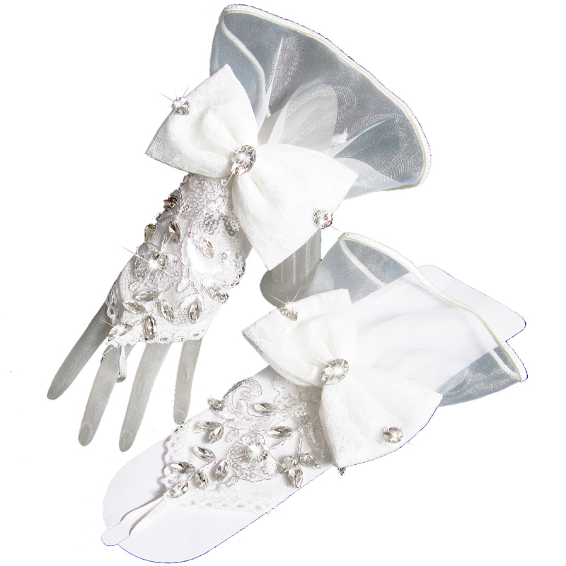 Булчински ръкавици без пръсти от мрежеста материя с дантелен кант и голям пандел, стъклени кристали, елегантен корейски стил