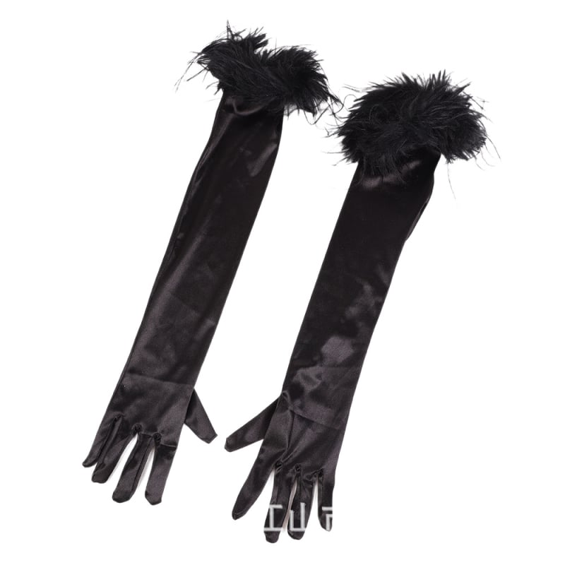 Дамски дълги сатенени ръкавици с пера на маншета, тема Хелоуин 1920‑те