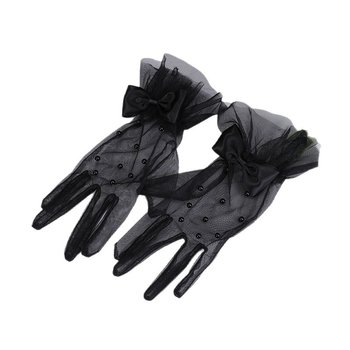 Женски къси плетени ръкавици, украсени с мъниста и тюлена панделка, ръчно изработени