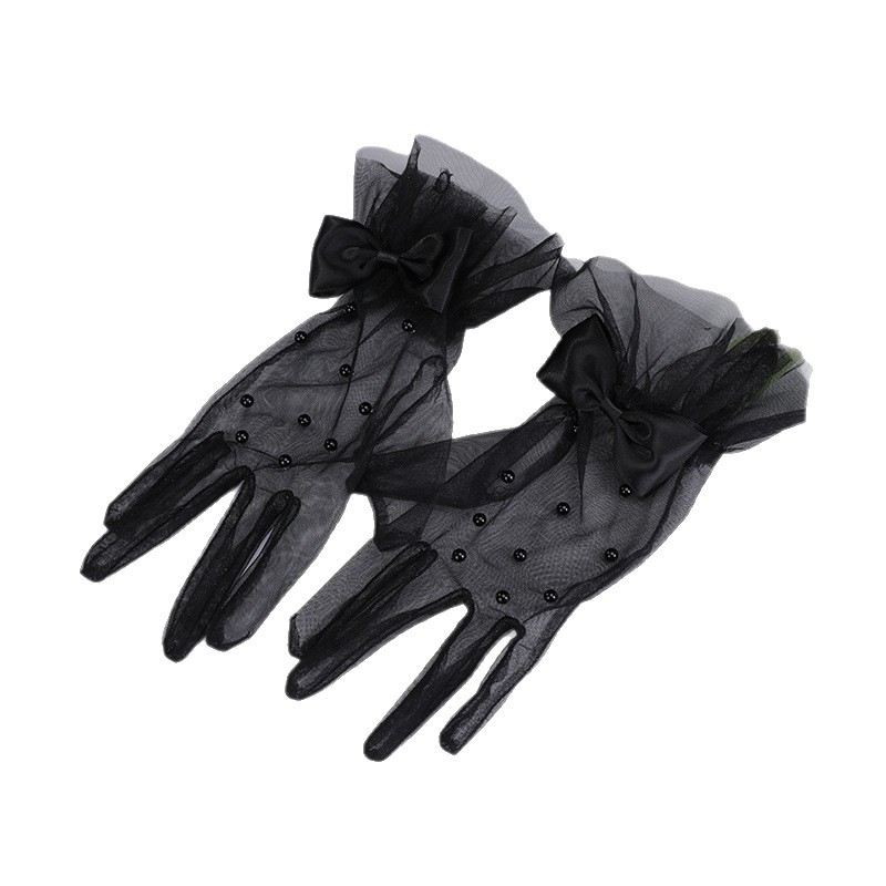 Женски къси плетени ръкавици, украсени с мъниста и тюлена панделка, ръчно изработени