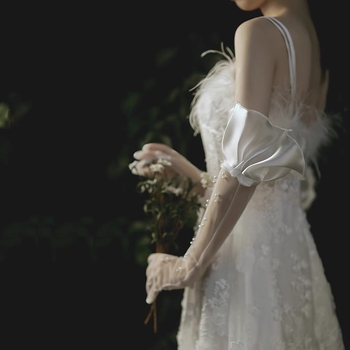 Дълги булчински ръкавици от мрежеста тъкан с рюш по ръба, UV защита – декоративен сватбен аксесоар за жени, оригинален дизайн, подходящи за есен