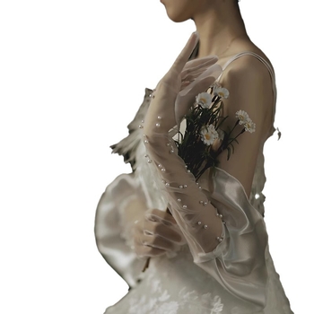 Дълги булчински ръкавици от мрежеста тъкан с рюш по ръба, UV защита – декоративен сватбен аксесоар за жени, оригинален дизайн, подходящи за есен