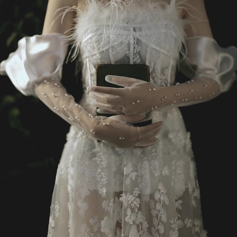 Дълги булчински ръкавици от мрежеста тъкан с рюш по ръба, UV защита – декоративен сватбен аксесоар за жени, оригинален дизайн, подходящи за есен