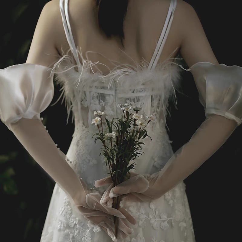 Дълги булчински ръкавици от мрежеста тъкан с рюш по ръба, UV защита – декоративен сватбен аксесоар за жени, оригинален дизайн, подходящи за есен