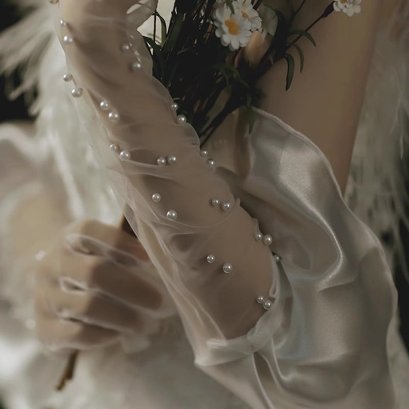 Дълги булчински ръкавици от мрежеста тъкан с рюш по ръба, UV защита – декоративен сватбен аксесоар за жени, оригинален дизайн, подходящи за есен