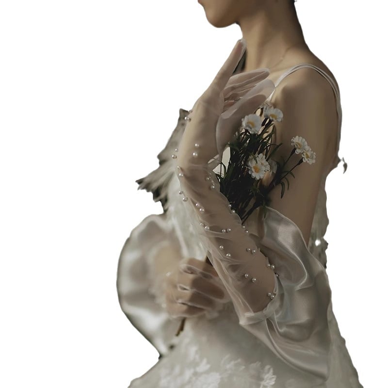 Дълги булчински ръкавици от мрежеста тъкан с рюш по ръба, UV защита – декоративен сватбен аксесоар за жени, оригинален дизайн, подходящи за есен