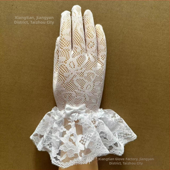 Laste pulmakindad võrgust elastse kudumiga, pitsiääri ja sõlmega – polüester, lillemustriga, sõrmkinda tüdrukutele, kohandatav