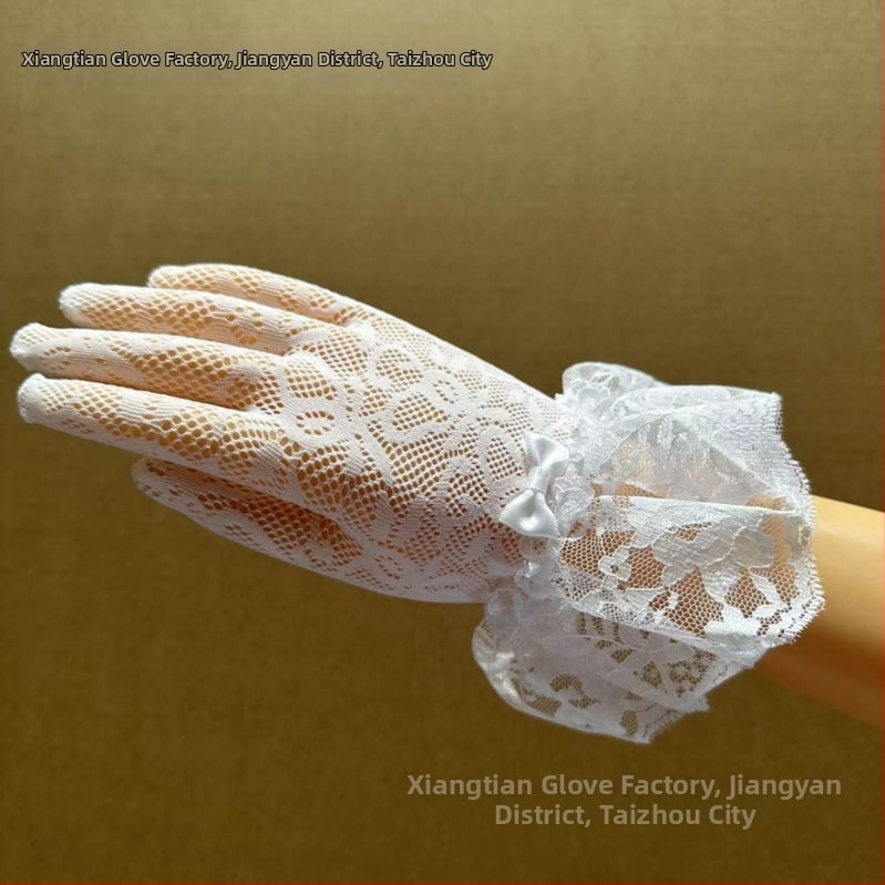 Laste pulmakindad võrgust elastse kudumiga, pitsiääri ja sõlmega – polüester, lillemustriga, sõrmkinda tüdrukutele, kohandatav