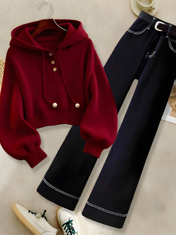 Dvodijelni set: džemper/top i duge hlače, poliester, japansko-korejski casual stil