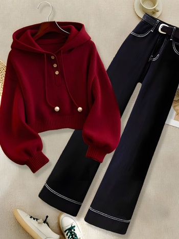 Dvodijelni set: džemper/top i duge hlače, poliester, japansko-korejski casual stil