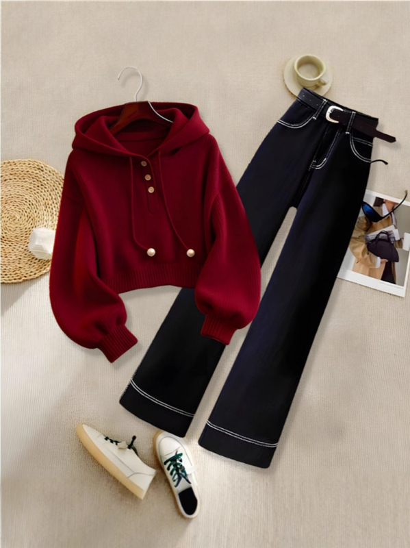 Dvodijelni set: džemper/top i duge hlače, poliester, japansko-korejski casual stil