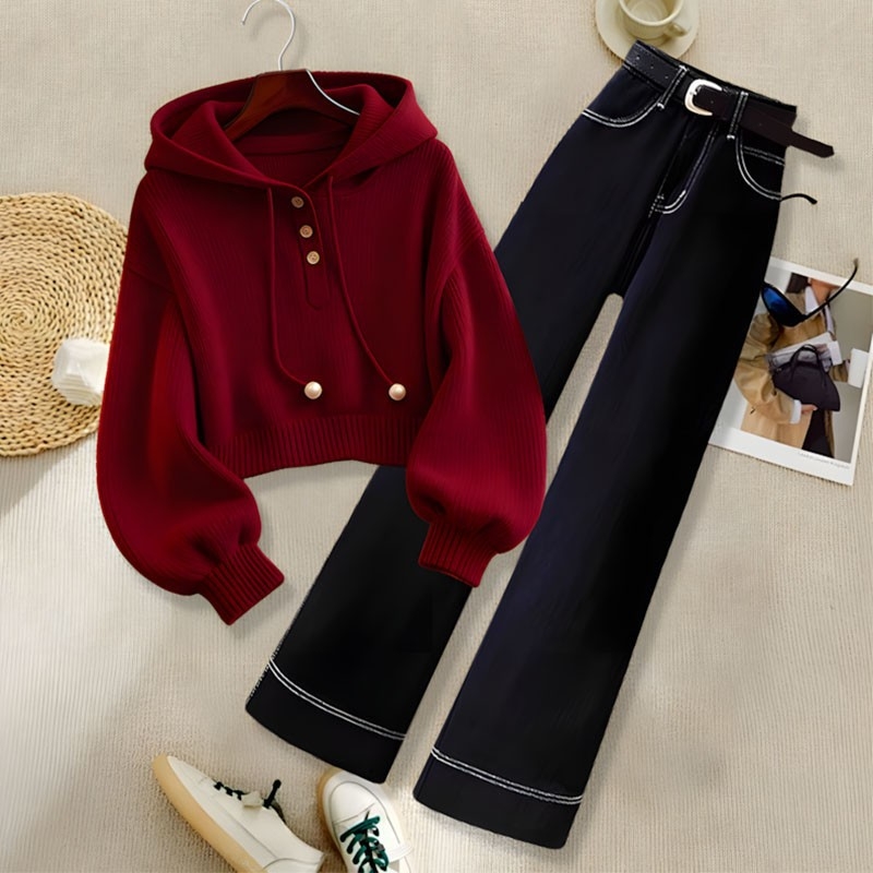 Dvodijelni set: džemper/top i duge hlače, poliester, japansko-korejski casual stil