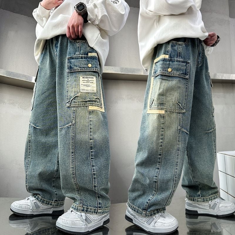 Muške traperice: široki kroj, srednji pojas, gumeni pojas, ravne nogavice, 100% denim, proljeće i jesen