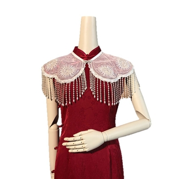 Шал-пелерина от органза с дантелени ресни, винтидж етно стил, кап стил, warp тъкане, декоративен аксесоар