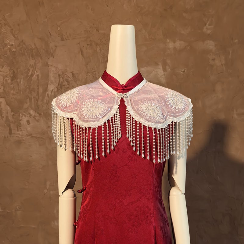 Шал-пелерина от органза с дантелени ресни, винтидж етно стил, кап стил, warp тъкане, декоративен аксесоар