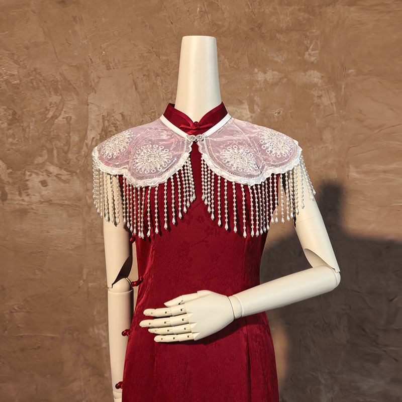 Шал-пелерина от органза с дантелени ресни, винтидж етно стил, кап стил, warp тъкане, декоративен аксесоар