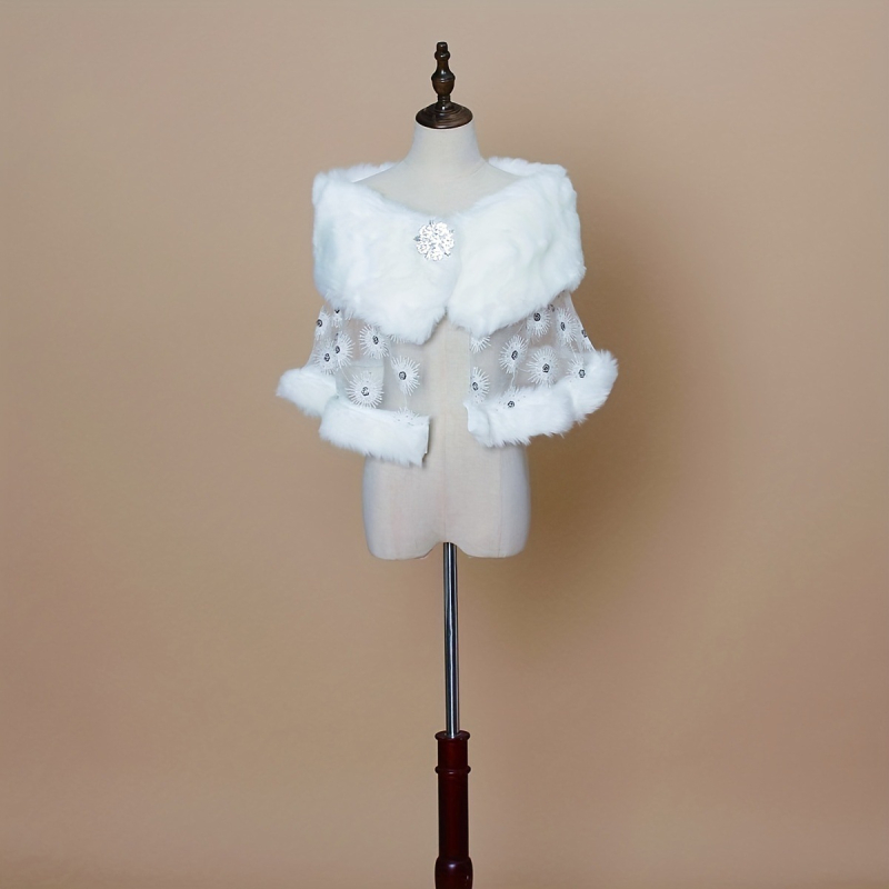 Εξαιρετικό σάλι-πέλερνα για νυφικά φορέματα με ψεύτικη γούνα κουνελιού, δαντέλα, πολυεστέρας — μονόχρωμο σχέδιο, για όλες τις εποχές