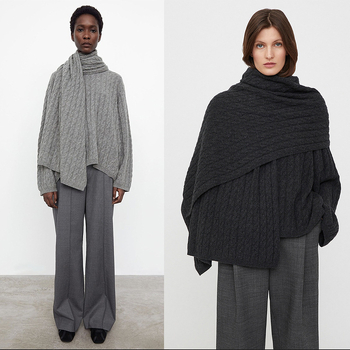 Σάλι από μαλλί με τρισδιάστατη υφή πλέξης σε πλεξούδες, ευρύ και μακρύ για φθινόπωρο–χειμώνα, Χειμώνας 2025