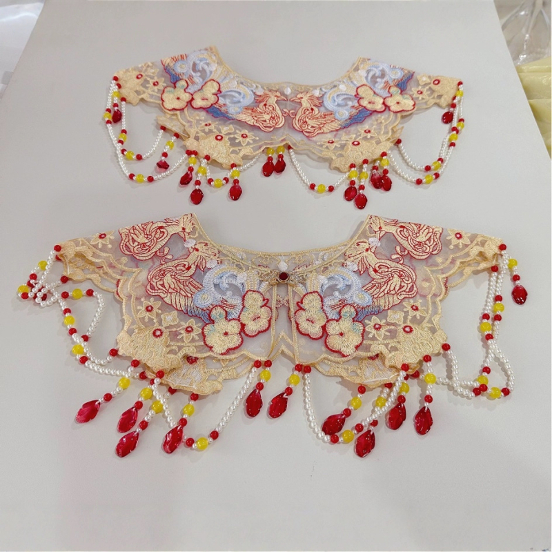 Сватбен шал с дантелен органза бродерия, дизайн облачно рамо, вдъхновен от античен ханфу, аксесоар с имитационна яка