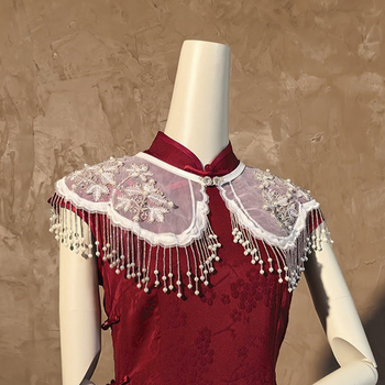 Шал с ресни в винтажен етно стил, органза, бродиран, монохромен дизайн