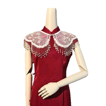 Шал с ресни в винтажен етно стил, органза, бродиран, монохромен дизайн