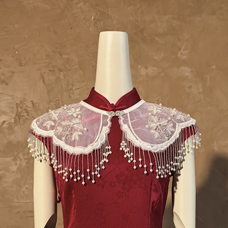 Шал с ресни в винтажен етно стил, органза, бродиран, монохромен дизайн