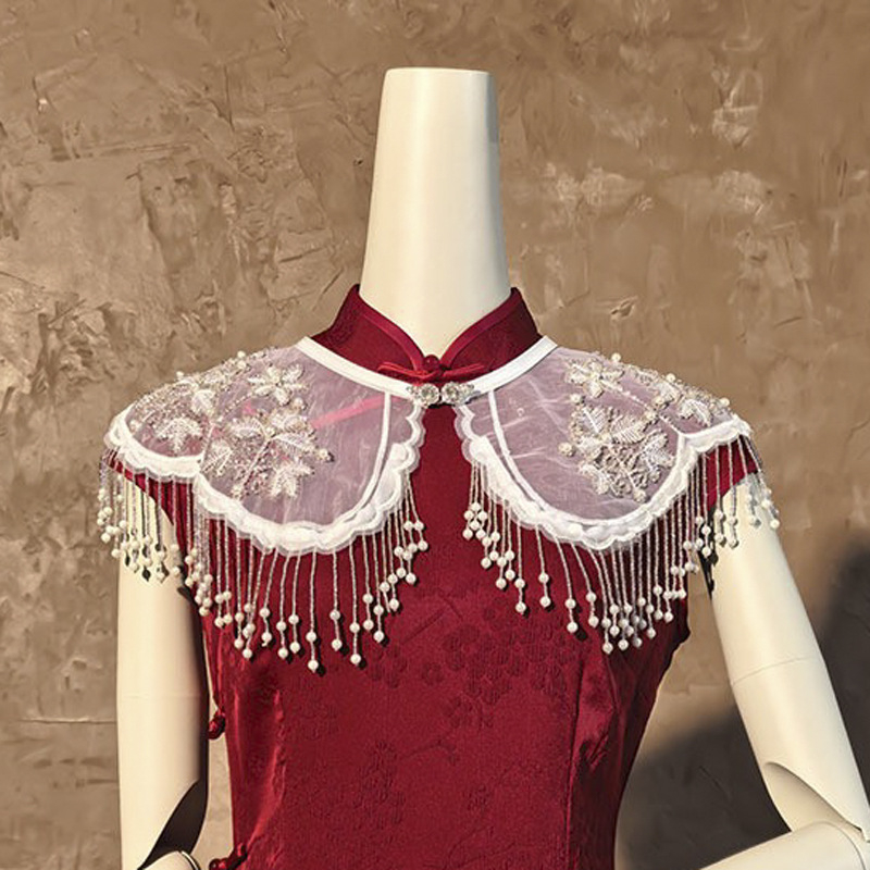 Шал с ресни в винтажен етно стил, органза, бродиран, монохромен дизайн