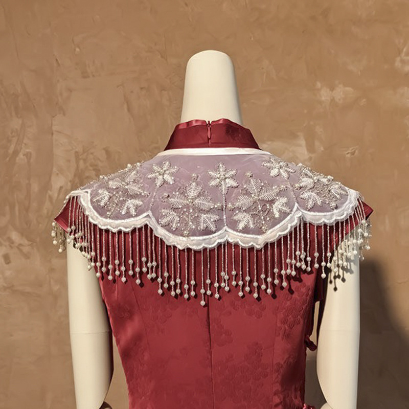 Шал с ресни в винтажен етно стил, органза, бродиран, монохромен дизайн