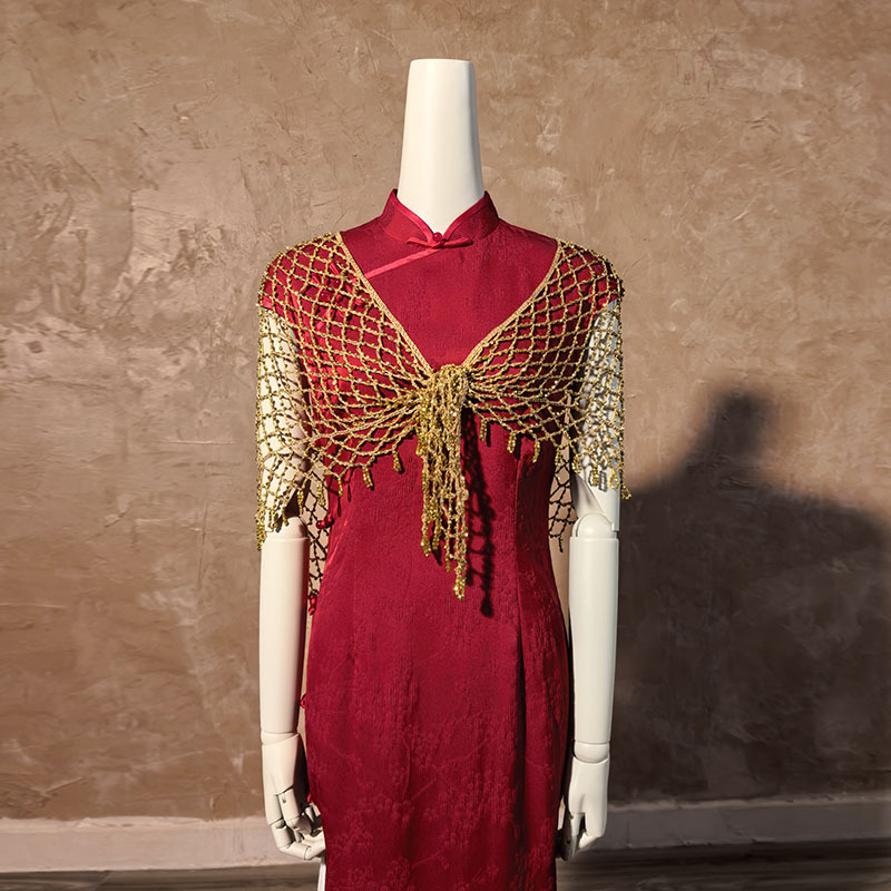 Šal- kaput za žene: Čipka, Ručno kukičani cvjetovi s perlama i resicama, mrežasti uzorak, vintage etno stil, trokutasti šal