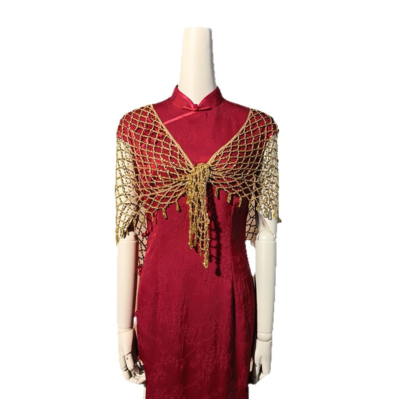 Šal- kaput za žene: Čipka, Ručno kukičani cvjetovi s perlama i resicama, mrežasti uzorak, vintage etno stil, trokutasti šal