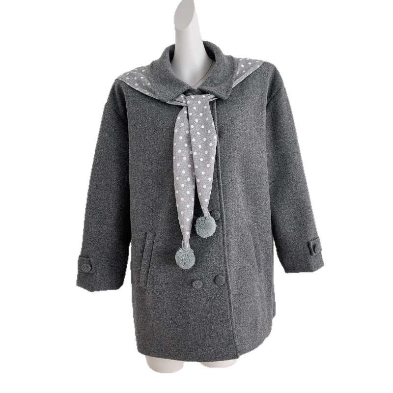 Dāmu mēteļa ar polka dot rakstu, polo apkakle, vidēja garuma, poliesters, taisns siluets