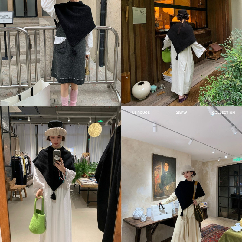 Πλεκτό τρίγωνο φουλάρι με φούντες - 100% μαλλί, τρίγωνο σχήμα, wrap στυλ, χειμερινή συλλογή 2025