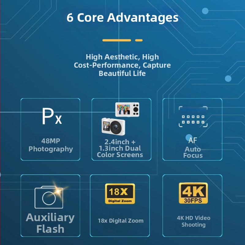 Õpilaste topelt-ekraaniga digitaalne kaamera — 4K/30fps, 18x optiline zoom, CMOS sensor, autofookus